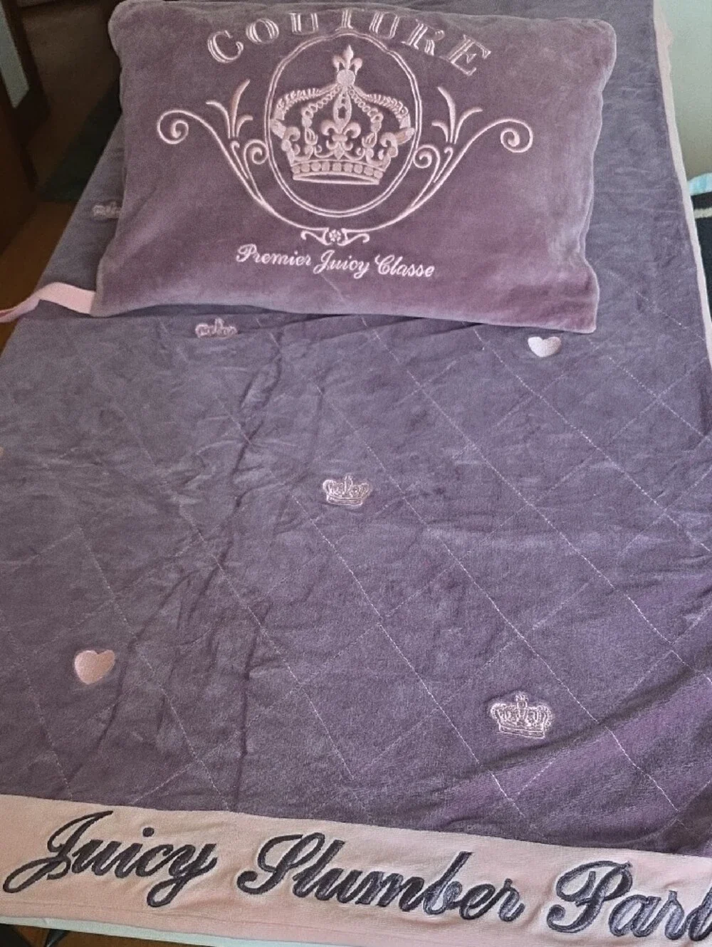 Juicy Couture Pink and Mauve Velvet Embroidered Pillow Case with Matching Throw